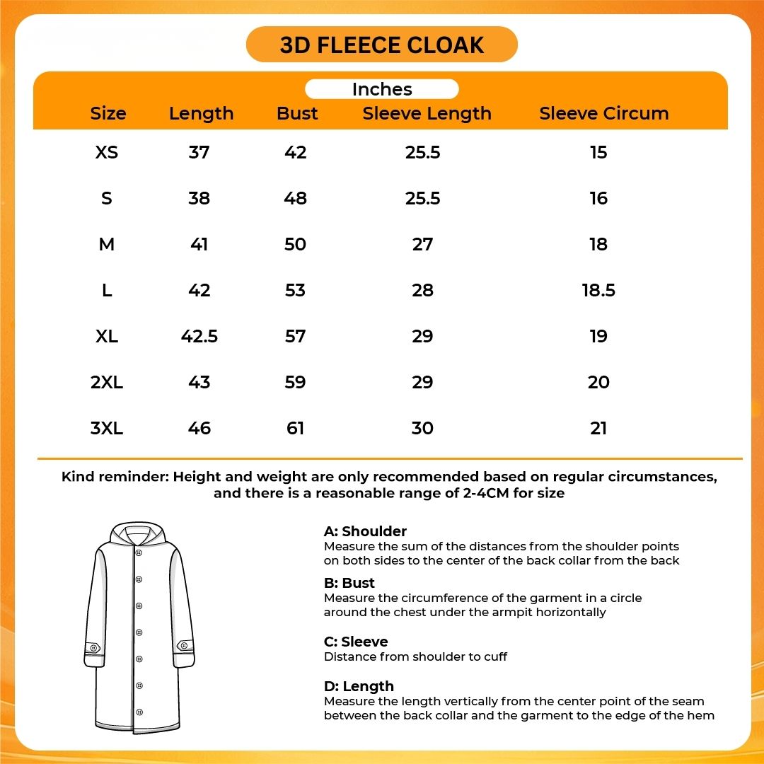 3D Fleece Cloak Size Chart - Studio Ghibli Shop
