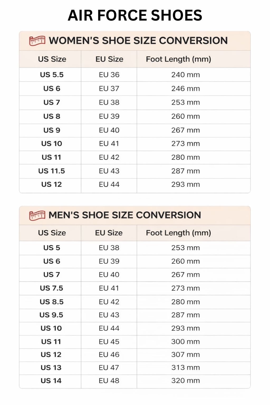 Air Force Shoes Size Chart - Studio Ghibli Shop