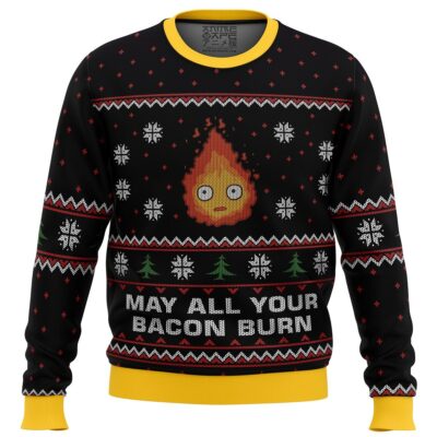 Studio Ghibli Howl's Moving Castle May All Your Bacon Burn Calcifer Ugly Christmas Sweater
