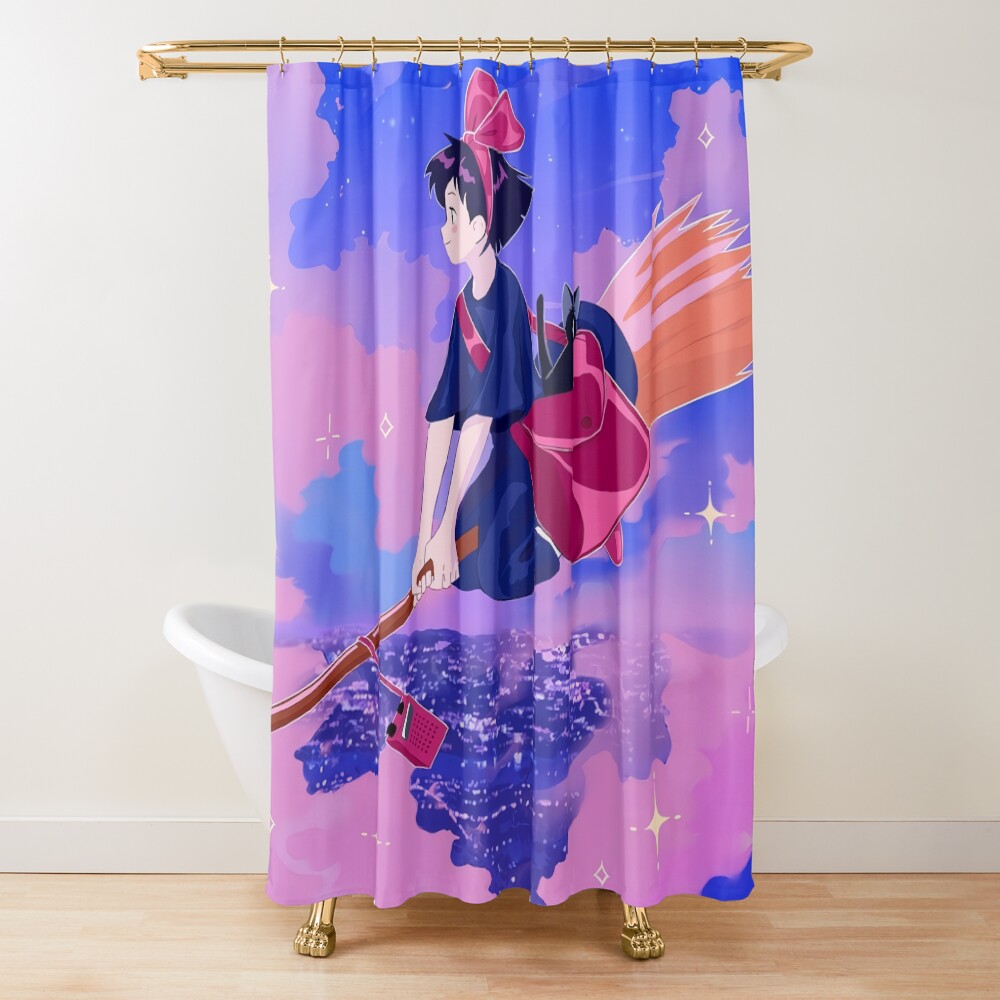 Nights Cute Kawaii Art Girl Kiki S Go Ghiblis Flying Away Anime Shower Curtain